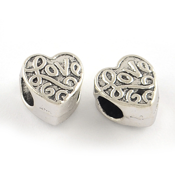 Tibetan Style Alloy European Large Hole Beads, Cadmium Free & Lead Free, Heart, Antique Silver, 10x9.5x7mm, Hole: 4mm, about 558pcs/1000g