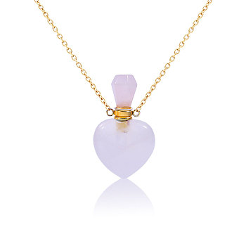 1Pc Stainless Steel Heart Natural Rose Quartz Perfume Bottle Necklaces for Women, Golden, 18.54 inch(47.1cm)