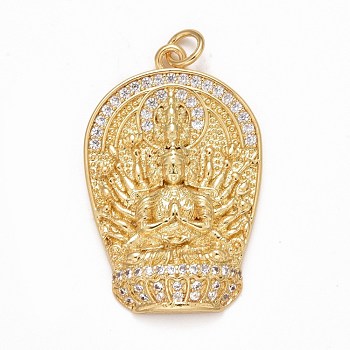 Rack Plating Brass Micro Pave Clear Cubic Zirconia Pendants, Cadmium Free & Nickel Free & Lead Free, Long-Lasting Plated, Thousand-Arm Guanyin, Real 18K Gold Plated, 31.5x20x4mm, Jump Ring: 5x1mm, Inner Diameter: 3mm