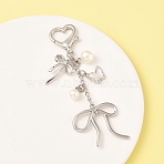 Bowknot Alloy & ABS Plastic Imitation Pearl Pendant Decoration, with Alloy Swivel Snap Hook Clasps, Platinum, 105mm(HJEW-YW00092-02)