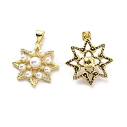 Brass Clear Cubic Zirconia Pendants, with ABS Plastic Imitation Pearl, Flower Charm, Real 18K Gold Plated, 24x22x6mm, Hole: 3.5x4.5mm(KK-G446-05G)