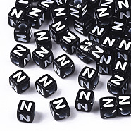 Opaque Acrylic Beads, Horizontal Hole, Alphabet Style, Cube, Black & White, Letter.N, 5x5x5mm, Hole: 2mm, about 250pcs/25g(X-SACR-N002-01N)