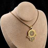 304 Stainless Steel Hollow Religion Hamsa Hand Pendant Necklaces, Real 18K Gold Plated, 23.66 inch(60.1cm)(NJEW-M086-01G)