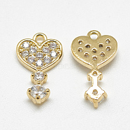 Brass Charms, with Cubic Zirconia, Key with Heart, Clear, Real 18K Gold Plated, 15x8.5x2.5mm, Hole: 1mm(KK-S347-070)