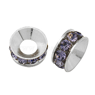 Brass Rhinestone Spacer Beads, Grade A, Rondelle, Silver Color Plated, Violet, 10x4.2mm, Hole: 5.2~5.7mm(RB-A020-10mm-26S)