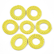Handmade Reed Cane/Rattan Woven Linking Rings, For Making Straw Earrings and Necklaces, Ring, Yellow, 35~45x4~6mm, Inner Diameter: 15~25mm(X-WOVE-T006-154B)