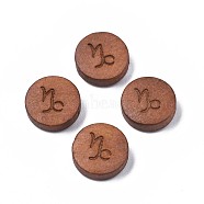 Laser Engraved Wood Beads, Flat Round with 12 Constellations, Dyed, Camel, Capricorn, 12x4mm, Hole: 1.6mm(WOOD-S053-53L)
