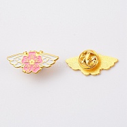 Zinc Alloy Enamel Brooches, Enamel Pin, with Butterfly Clutches, Sakura with Wing, Golden, Pink, 13x29.5x10mm(JEWB-TAC0003-01C)