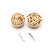 Wood Box Handles & Knobs, Cover with Rattans, Flat Round, BurlyWood, 4x3cm, Hole: 3.5mm, 2pcs/set(DIY-WH0304-102)