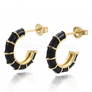 Brass Stud Earrings, Half Hoop Earrings, with Enamel and Earring Backs, Real 18K Gold Plated, Bamboo Shape, Black, 21x16.5x3.5mm, Pin: 0.7mm(X-EJEW-S209-10A)