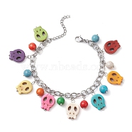 Halloween Dyed Synthetic Turquoise Skull Pendant Brass Cable Chains Bracelets, with 304 Stainless Steel Clasps, Colorful, 7-1/4 inch(18.5cm)(BJEW-TA00471)