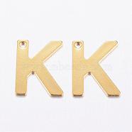 304 Stainless Steel Charms, Letter, Initial Charms, Real 18k Gold Plated, Letter.K, 11x6~12x0.8mm, Hole: 1mm(STAS-P141-K)