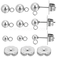 90Pcs 3 Style 304 Stainless Steel Ball Post Stud Earring Findings, with Loops and 316 Surgical Stainless Steel Pin, 100Pcs 304 Stainless Steel Ear Nuts, Stainless Steel Color, 15~17x7~9x4~6mm, Hole: 1.8mm, Pin: 0.7~0.8mm, 30Pcs/style(STAS-BBC0002-75)