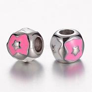 304 Stainless Steel Enamel European Beads, Rondelle, Stainless Steel Color, Pink, 11x9.5mm, Hole: 5mm(STAS-F057-92C)