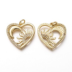 Brass Micro Pave Clear Cubic Zirconia Pendants, Long-Lasting Plated, with Jump Rings, Heart with Moon and Sun, Real 18K Gold Plated, 21x21.5x2.5mm, Jump Ring: 5x1mm, 3mm Inner Diameter(ZIRC-C020-07G)