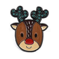 Christmas Series Enamel Pins, Black Alloy Rhinestone Brooches, Elk, 31.5x26mm(JEWB-Z033-03EB-D)