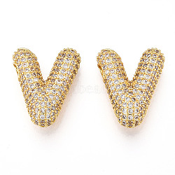 Brass Micro Pave Cubic Zirconia Pendants, Alphabet, Letter V, 17x22x8.5mm, Hole: 4~4.5x2.5~2.8mm(KK-N254-06G-V)