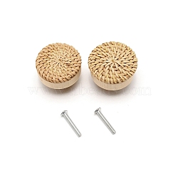 Wood Box Handles & Knobs, Cover with Rattans, Flat Round, BurlyWood, 4x3cm, Hole: 3.5mm, 2pcs/set(DIY-WH0304-102)