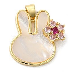 Rack Plating Brass Micro Pave Cubic Zirconia with Pendants, Cadmium Free & Lead Free, Real 18K Gold Plated, Long-Lasting Plated, Shell Rabbit, Colorful, 26.5x23.5x6mm, Hole: 5x4mm(KK-P241-43G)