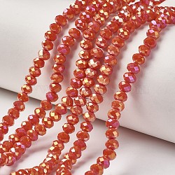 Electroplate Opaque Glass Beads Strands, Full Rainbow Plated, Faceted, Rondelle, Orange Red, 6x5mm, Hole: 1mm, about 85~88pcs/strand, 16.1~16.5 inch(41~42cm)(EGLA-A034-P6mm-T04)