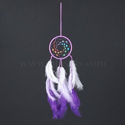 Synthetic & Natural Mixed Stone Pendant Decorations, with Cotton Thread, Woven Net/Web with Feather, Purple, 490mm(AJEW-I059-11A)
