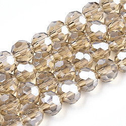 Electroplate Transparent Glass Beads Strands, Faceted, Round, Pearl Luster Plated, Tan, 6mm, Hole: 1mm, about 98~100pcs/strand, 20.39~20.59 inch(51.8~52.3cm)(EGLA-A035-T6mm-A16)