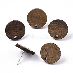 Walnut Wood Stud Earring Findings, with 304 Stainless Steel Pin, Flat Round, Coconut Brown, 15mm, Hole: 1.8mm, Pin: 0.7mm(MAK-N033-008)