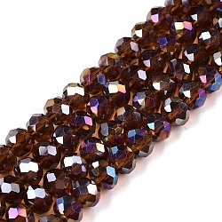 Electroplate Glass Beads Strands, AB Color Plated, Faceted, Rondelle, Saddle Brown, 6x5mm, Hole: 1mm, about 84~85pcs/strand, 16.34~16.54 inch(41.5~42cm)(EGLA-A044-T6mm-B02)