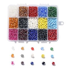 375G 15 Colors Glass Seed Beads, Opaque Colors Lustered, Round, Mixed Color, 6/0, 4~5x2.5~4.5mm, Hole: 1.2~1.5mm, 25g/color(SEED-JP0004-04-4mm)
