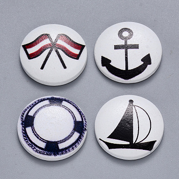 Spray Painted Maple Wood Cabochons, Single-Sided Printed, Nautical Theme, Flat Round, Mixed Color, 20x4mm
