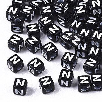 Opaque Acrylic Beads, Horizontal Hole, Alphabet Style, Cube, Black & White, Letter.N, 5x5x5mm, Hole: 2mm, about 250pcs/25g
