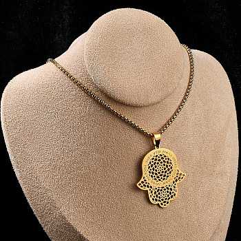 304 Stainless Steel Hollow Religion Hamsa Hand Pendant Necklaces, Real 18K Gold Plated, 23.66 inch(60.1cm)