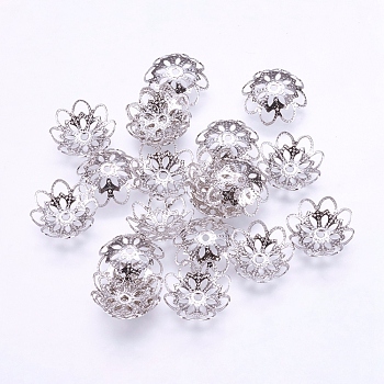 Long-Lasting Plated Brass Bead Caps, Multi-Petal, Real Platinum Plated, 13x5mm, Hole: 1mm