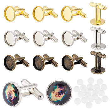 Elite 24Pcs 3 Style Rack Plating Brass Cufflinks, with 24Pcs Glass Cabochons, Mixed Color, Tray: 12mm, 18x18mm