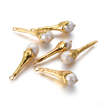 Natural Cultured Freshwater Pearl Pendants, with Brass Findings, teardrop, Golden, 43~44x12~12.5mm, Hole: 1.8mm