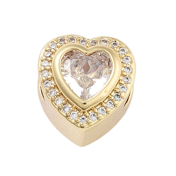 Heart Rack Plating Brass Micro Pave Cubic Zirconia European Beads, Large Hole Beads, Cadmium Free & Lead Free, Long-Lasting Plated, Real 18K Gold Plated, Clear, 11x11x10mm, Hole: 4.5mm