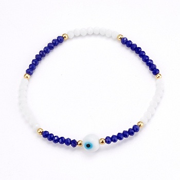 Faceted Glass Beaded Stretch Bracelets, with Evil Eye Lampwork Round Beads and 304 Stainless Steel Beads, Golden, Colorful, Inner Diameter: 2-1/8 inch(5.5cm)