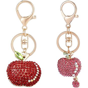 CHGCRAFT 2Pcs 2 Colors Full Rhinestone Apple Keychains, with Alloy Findings, for Teacher's Day, Mixed Color, 10.8cm, 1pc/color