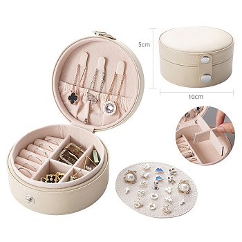 Round PU Leather with Lint Jewelry Storage Box with Snap Button, Travel Portable Jewelry Case, for Necklaces, Rings, Earrings and Pendants, Beige, 10x5cm