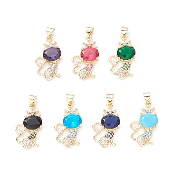 Brass Micro Pave Cubic Zirconia Pendants, Real 18K Gold Plated, Cadmium Free & Lead Free, Cat, Mixed Color, 26.5x13x5mm, Hole: 4x3.5mm