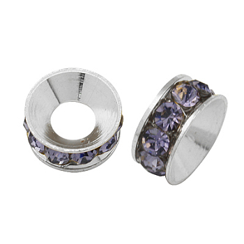 Brass Rhinestone Spacer Beads, Grade A, Rondelle, Silver Color Plated, Violet, 10x4.2mm, Hole: 5.2~5.7mm