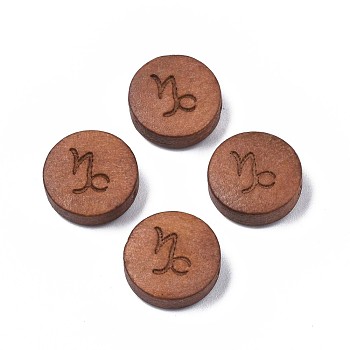 Laser Engraved Wood Beads, Flat Round with 12 Constellations, Dyed, Camel, Capricorn, 12x4mm, Hole: 1.6mm