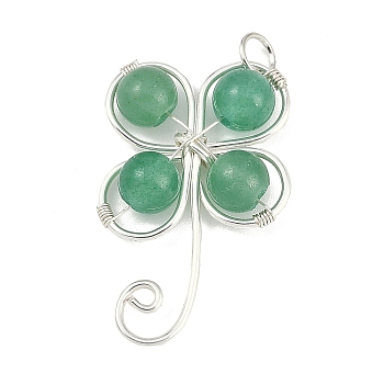 Copper Wire Wrapped Natural Green Aventurine Shamrock Pendants, Clover Charms, Silver Color Plated, 28.5x20x6.5mm, Hole: 3.5mm