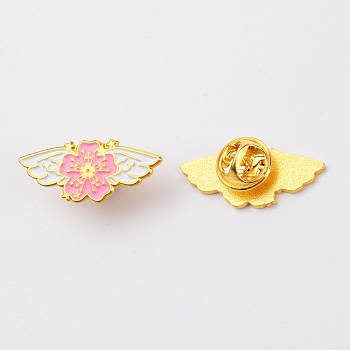 Zinc Alloy Enamel Brooches, Enamel Pin, with Butterfly Clutches, Sakura with Wing, Golden, Pink, 13x29.5x10mm