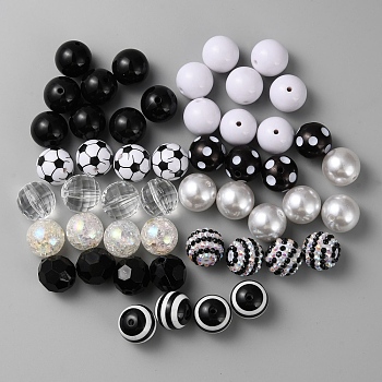 50Pcs 10 Style Acrylic Beads, Football Theme, Round, Mixed Color, 19~20x18~20mm, Hole: 2.7~3.4mm