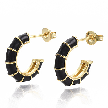 Brass Stud Earrings, Half Hoop Earrings, with Enamel and Earring Backs, Real 18K Gold Plated, Bamboo Shape, Black, 21x16.5x3.5mm, Pin: 0.7mm