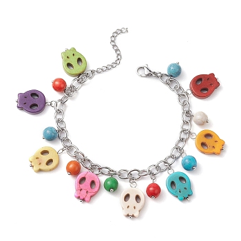 Halloween Dyed Synthetic Turquoise Skull Pendant Brass Cable Chains Bracelets, with 304 Stainless Steel Clasps, Colorful, 7-1/4 inch(18.5cm)