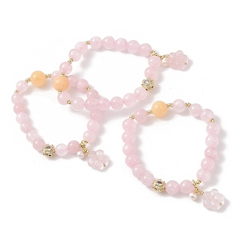 Round Natural Rose Quartz & Gemstone & Natural Freshwater Pearl Beaded Stretch Bracelets, Butterlfy Charm Bracelets for Women, Real 14K Gold Plated, Inner Diameter: 2 inch(5cm)