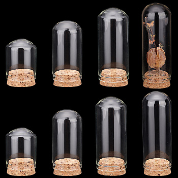 Elite 8 Sets 4 Style Glass Dome Cloche Cover, Bell Jar, with Cork Base, For Doll House Container, Dried Flower Display Decoration, Clear, 7.6~8.8x3cm, Capacity: 17~40ml(0.57~1.35fl. oz), 2 sets/style