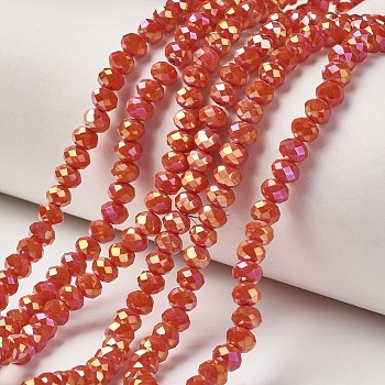 Electroplate Opaque Glass Beads Strands, Full Rainbow Plated, Faceted, Rondelle, Orange Red, 6x5mm, Hole: 1mm, about 85~88pcs/strand, 16.1~16.5 inch(41~42cm)